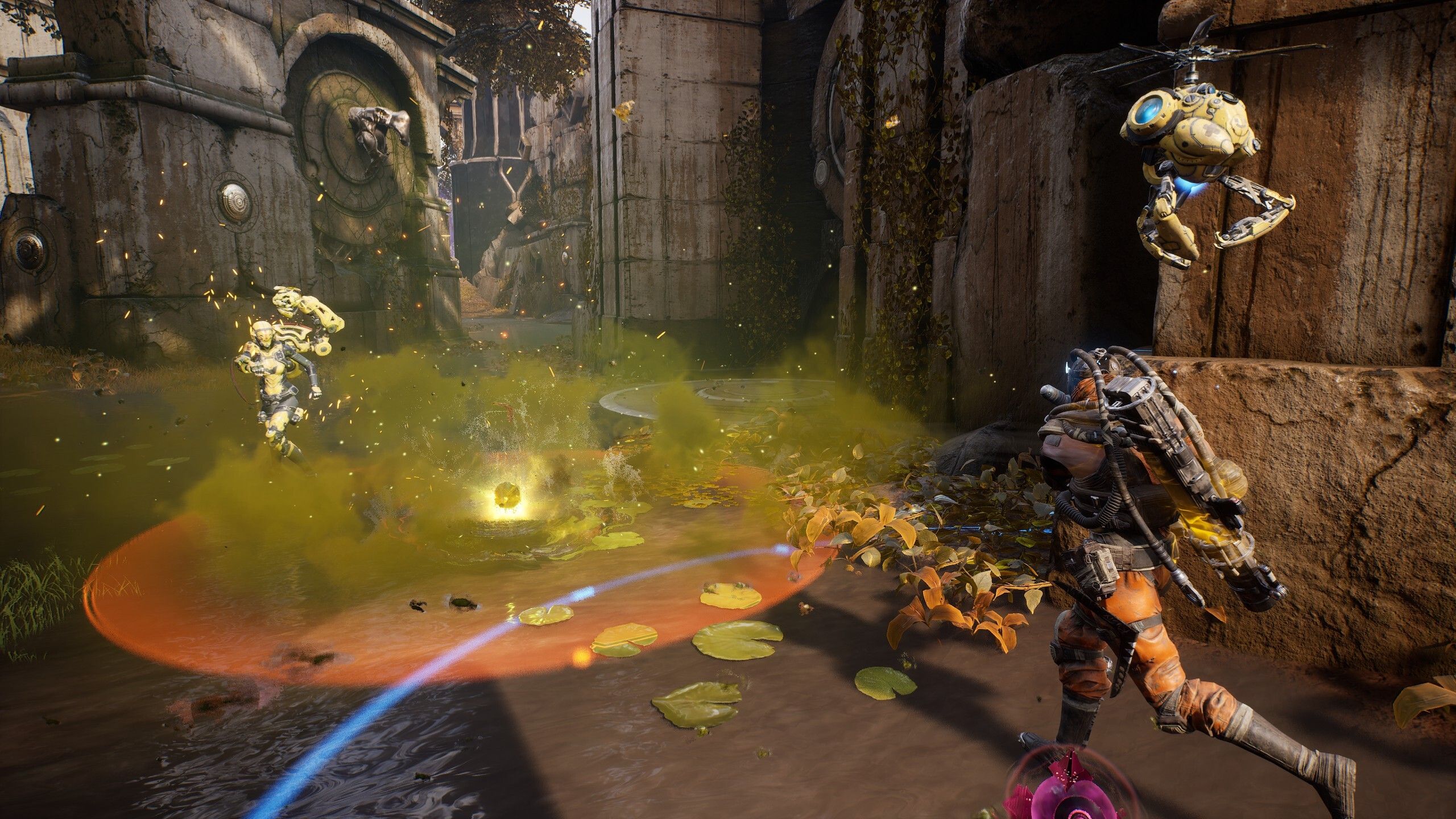 Predecessor character running towards a green poison-like cloud and enemies.