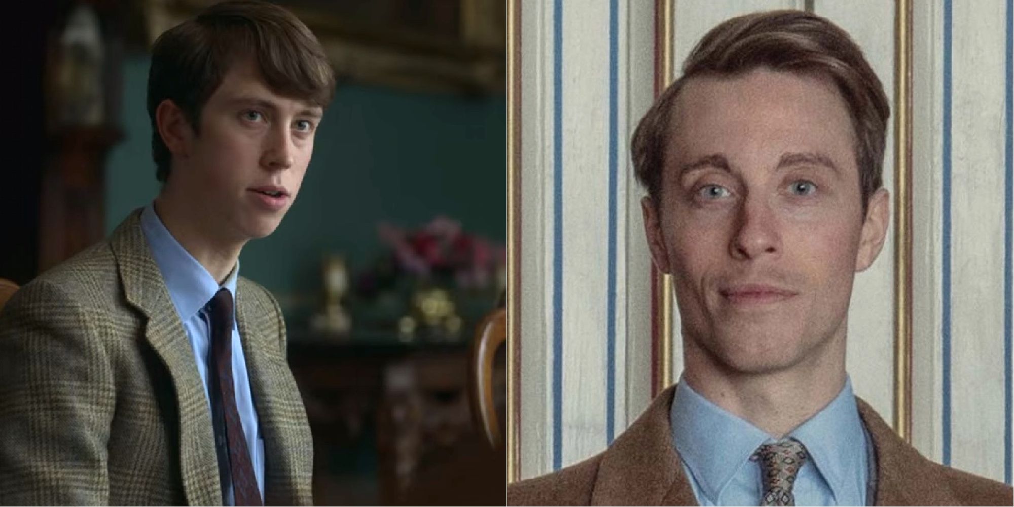 A split image featuring Prince Edward in The Crown in two different decades