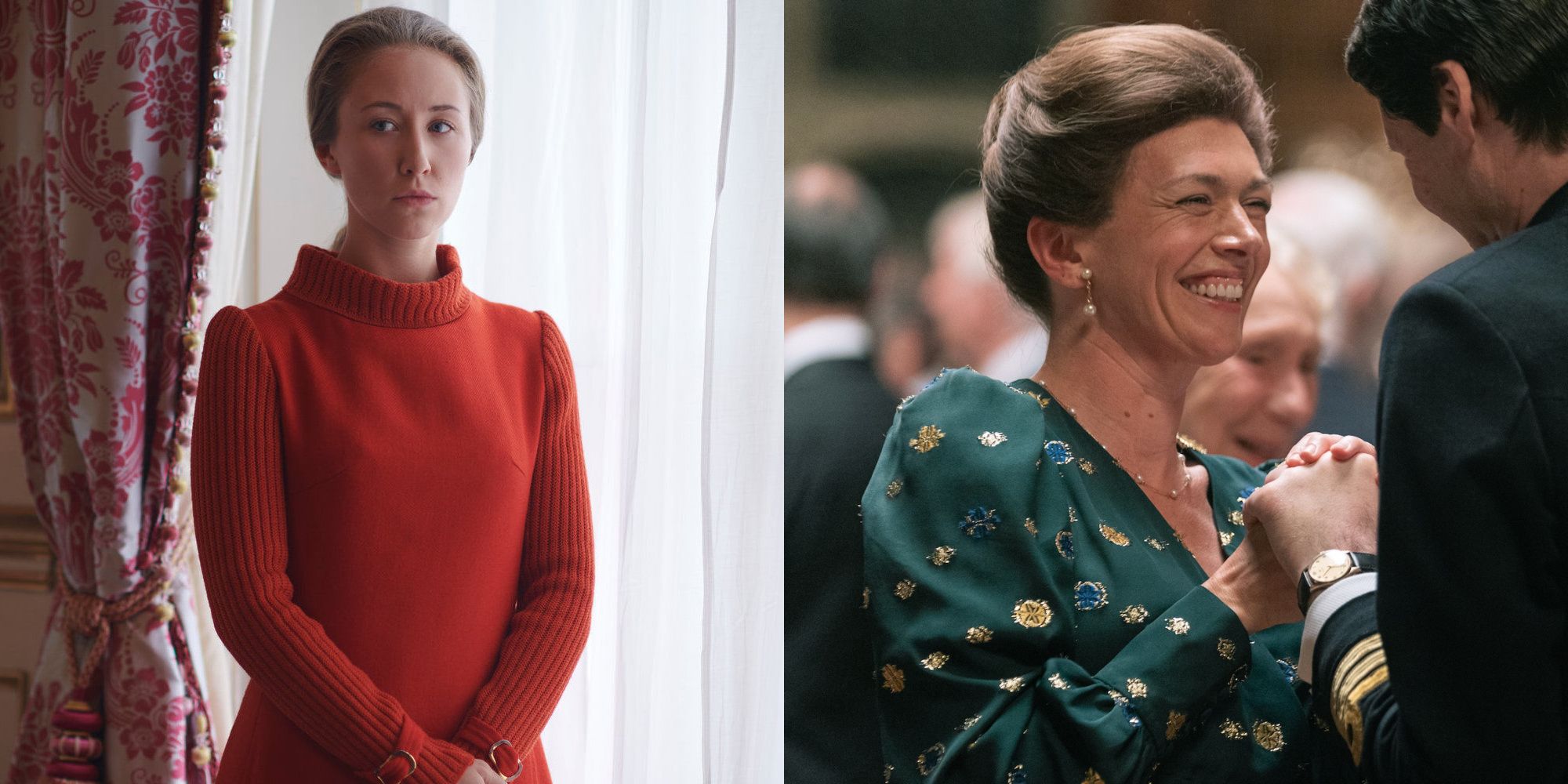 A split image of Princess Anne in The Crown in two different eras