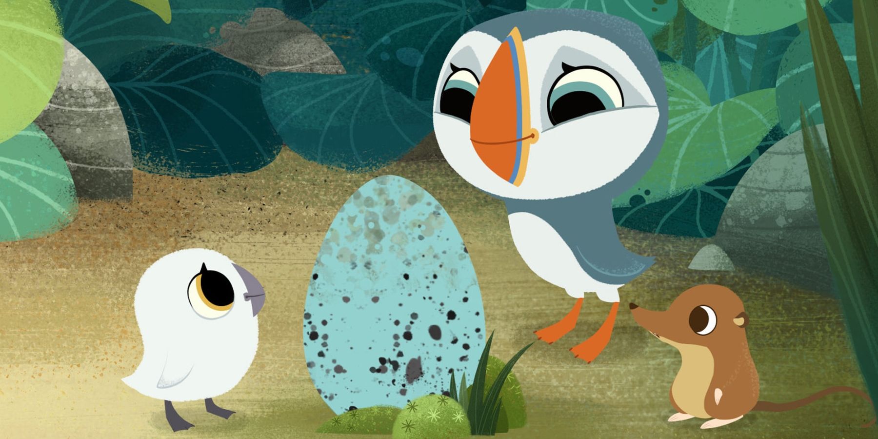 Three different animals and an egg in Puffin Rock