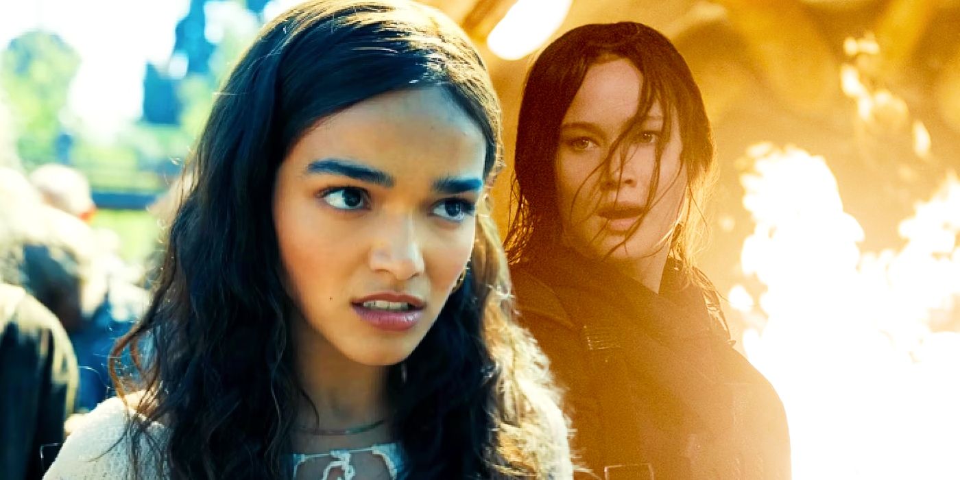 Custom image of Rachel Zegler as Lucy Gray in Ballad of Songbirds and Snakes juxtaposed with Jennifer Lawrence looking shocked with fire behind her in TheHunger Games.