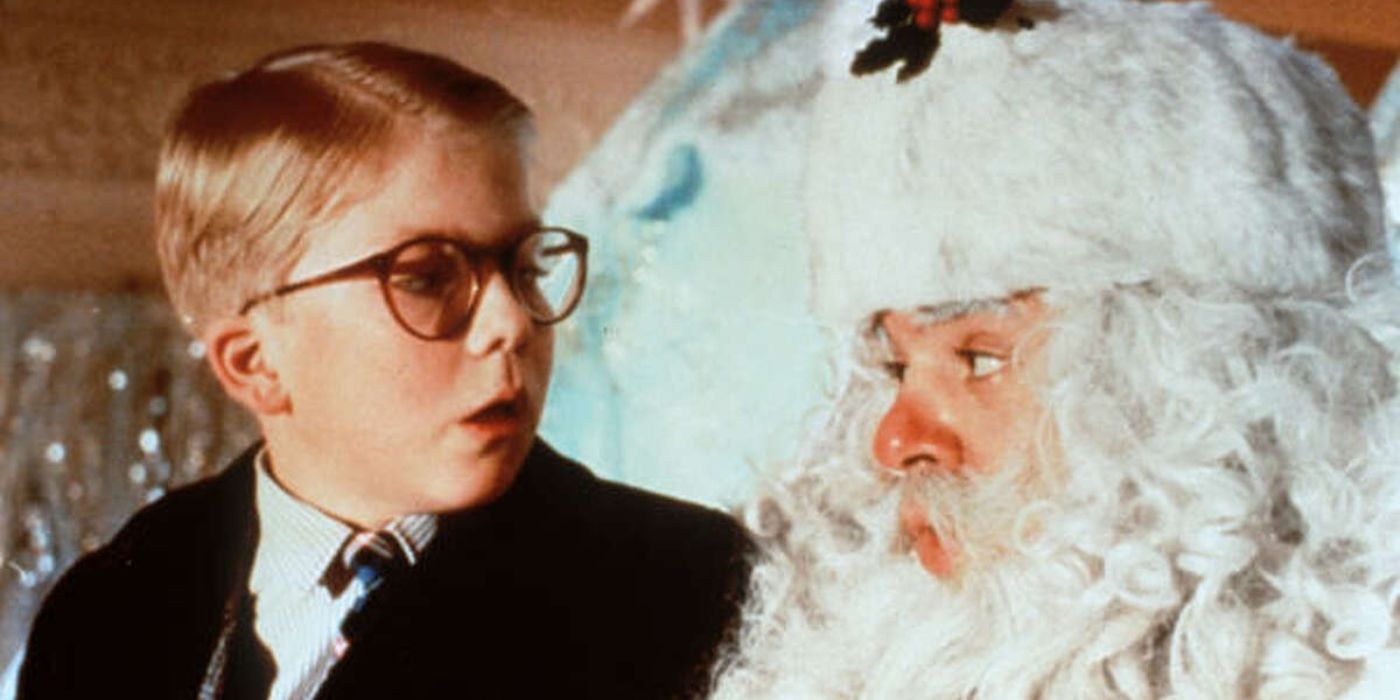 Ralphie and Santa looking at each other in A Christmas Story