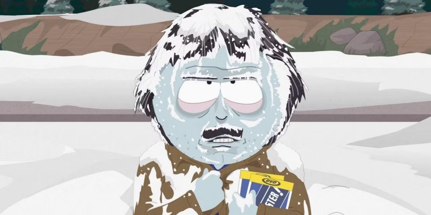 Randy Marsh with Blockbuster tapes in a Shining homage.