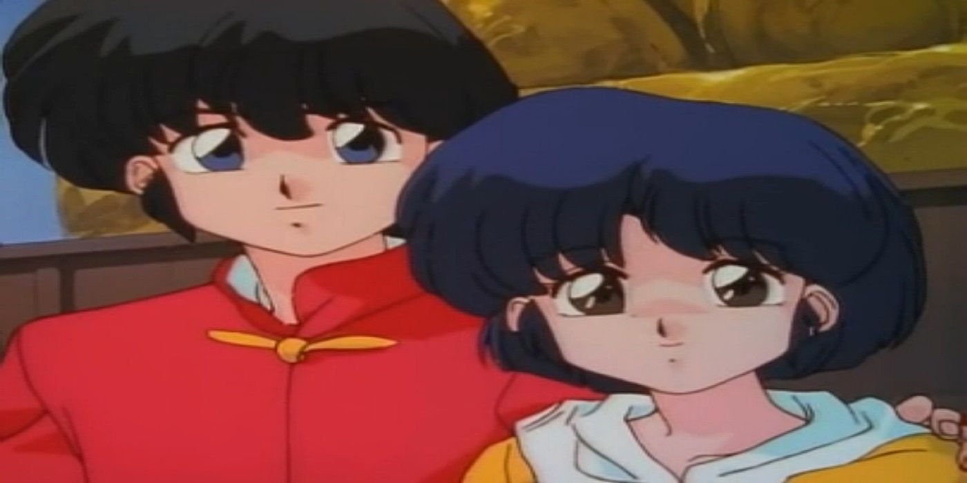 Ranma 1/2 Ranma e Akane juntos e sorrindo um pouco.