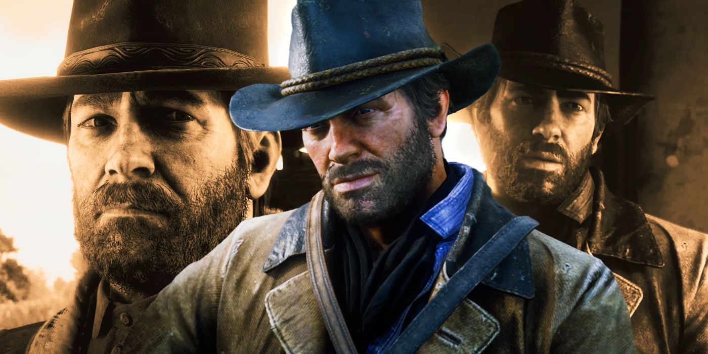 A collage of three images of Arthur Morgan looking gravely serious in screenshots from Red Dead Redemption 2.