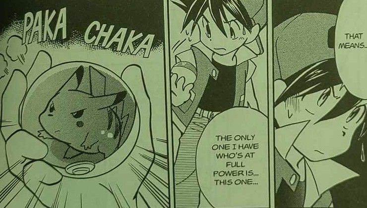 Red selects Pikachu to battle Brock, because he has to.