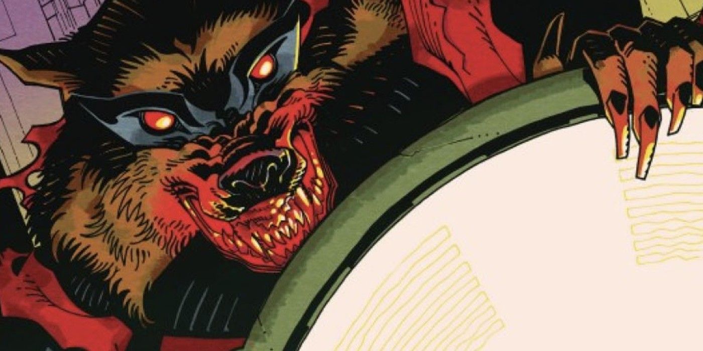Beast World, werewolf Red Hood with a bloody muzzle, looming over the Bat Signal.