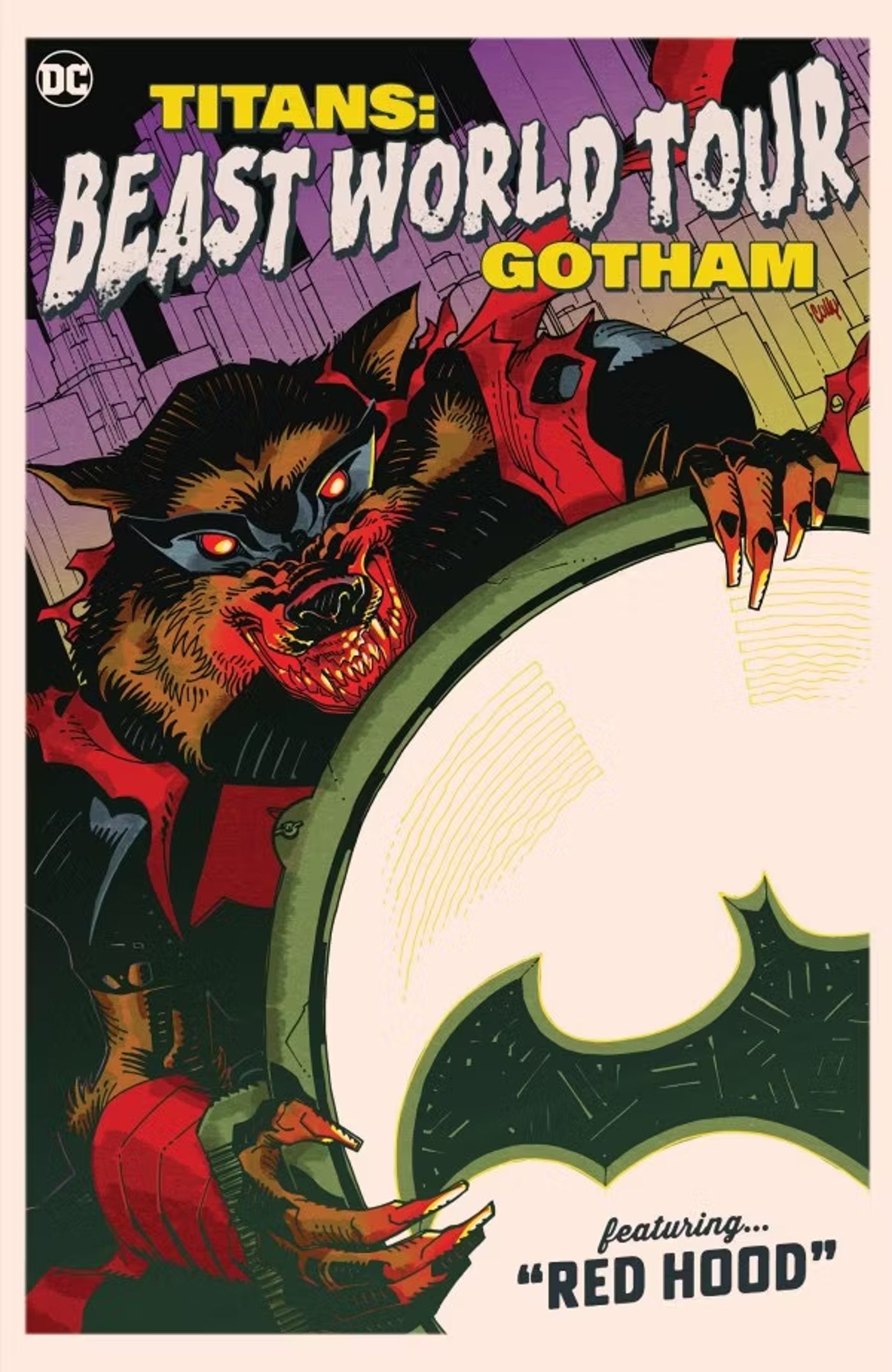 variant cover for Titans Beast World Tour Gotham #1 &ldquo;featuring Red Hood&rdquo; (as a werewolf, looming over Bat Signal)