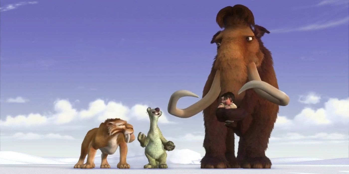 The Ice Age characters walking together in the snow