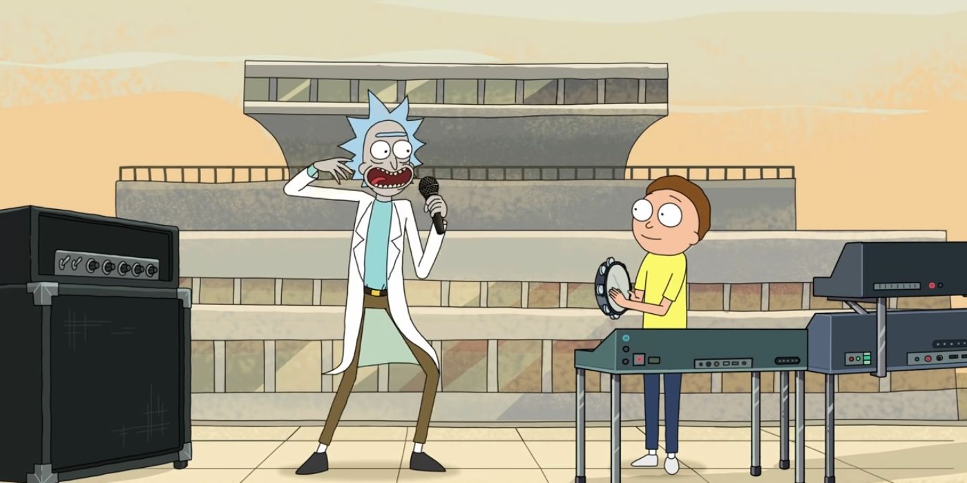 Rick and Morty singing and playing musical instruments in Get Schwifty