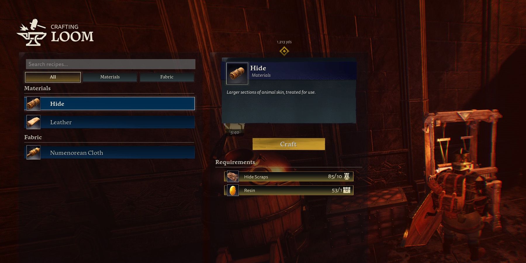 Crafting Loom screen in LOTR: Return to Moria showing the recipe for Hide.