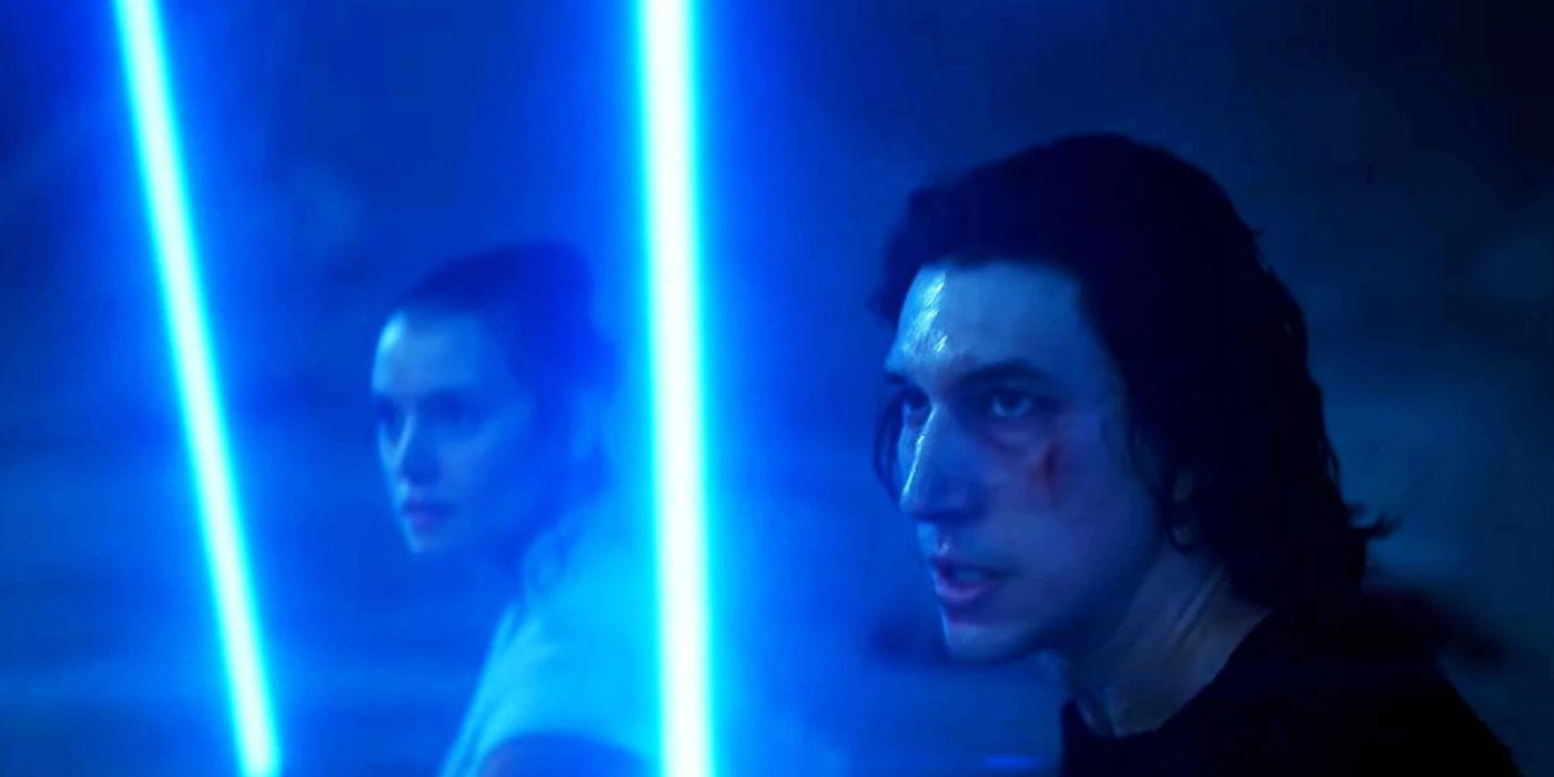 Rey and Ben Solo wielding their blue lightsabers in Star Wars: The Rise of Skywalker