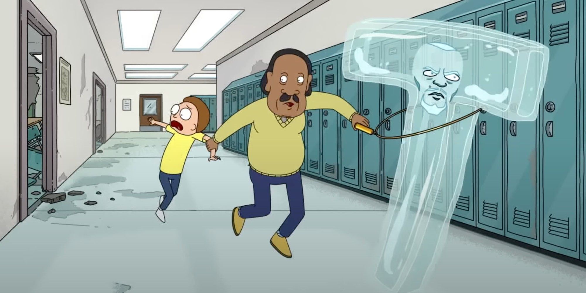 Morty, Mr.Goldenfold y Water-T huyen en el pasillo de la escuela en Rick & Morty temporada 7, episodio 8