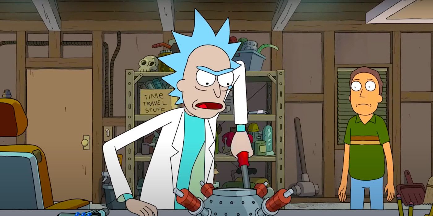 Rick works at his workbench while Jerry looks on in Rick and Morty season 7