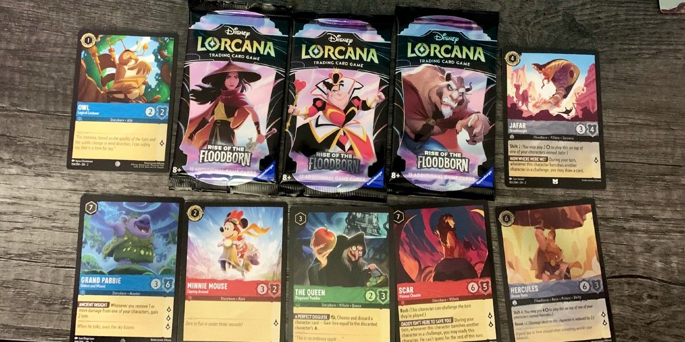 Rise of the Floodborn Cards of Owl, Minnie Mouse, Evil Queen, Scar, Hercules, and Jafar as a cobra.