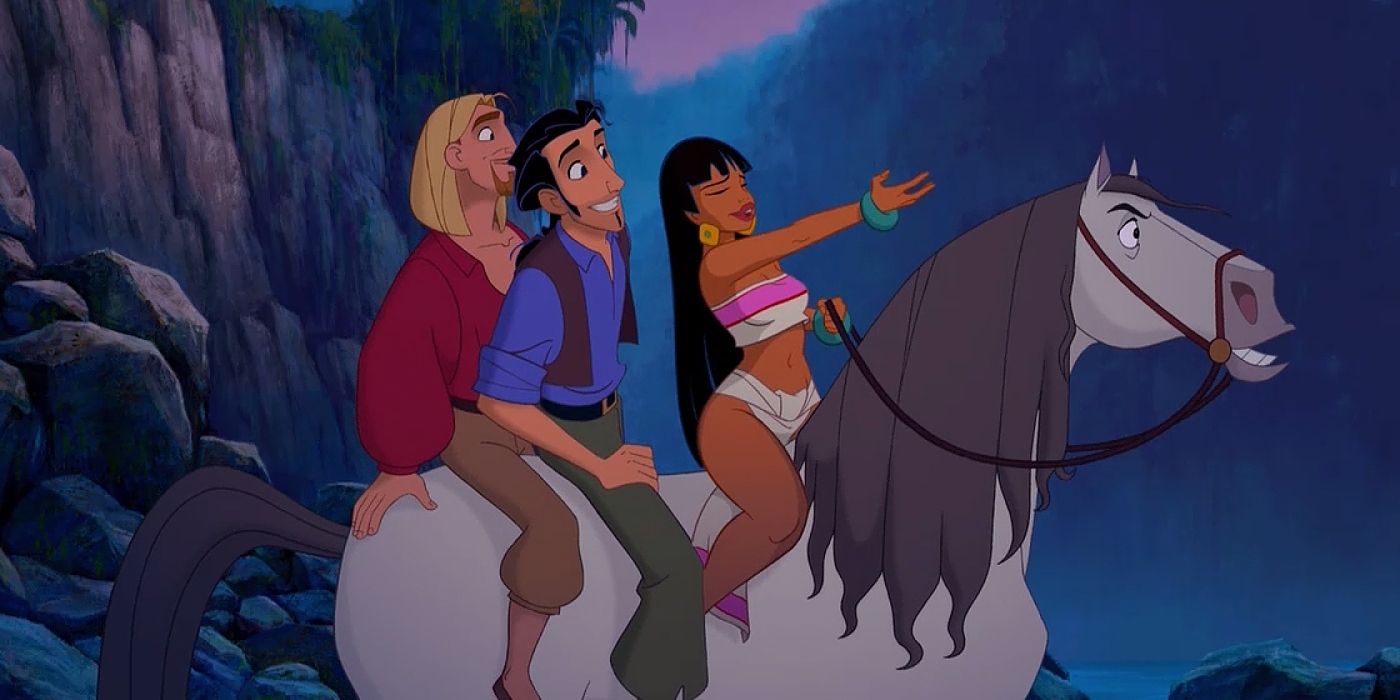 Miguel and Tulio and Chel riding a horse in The Road To El Dorado