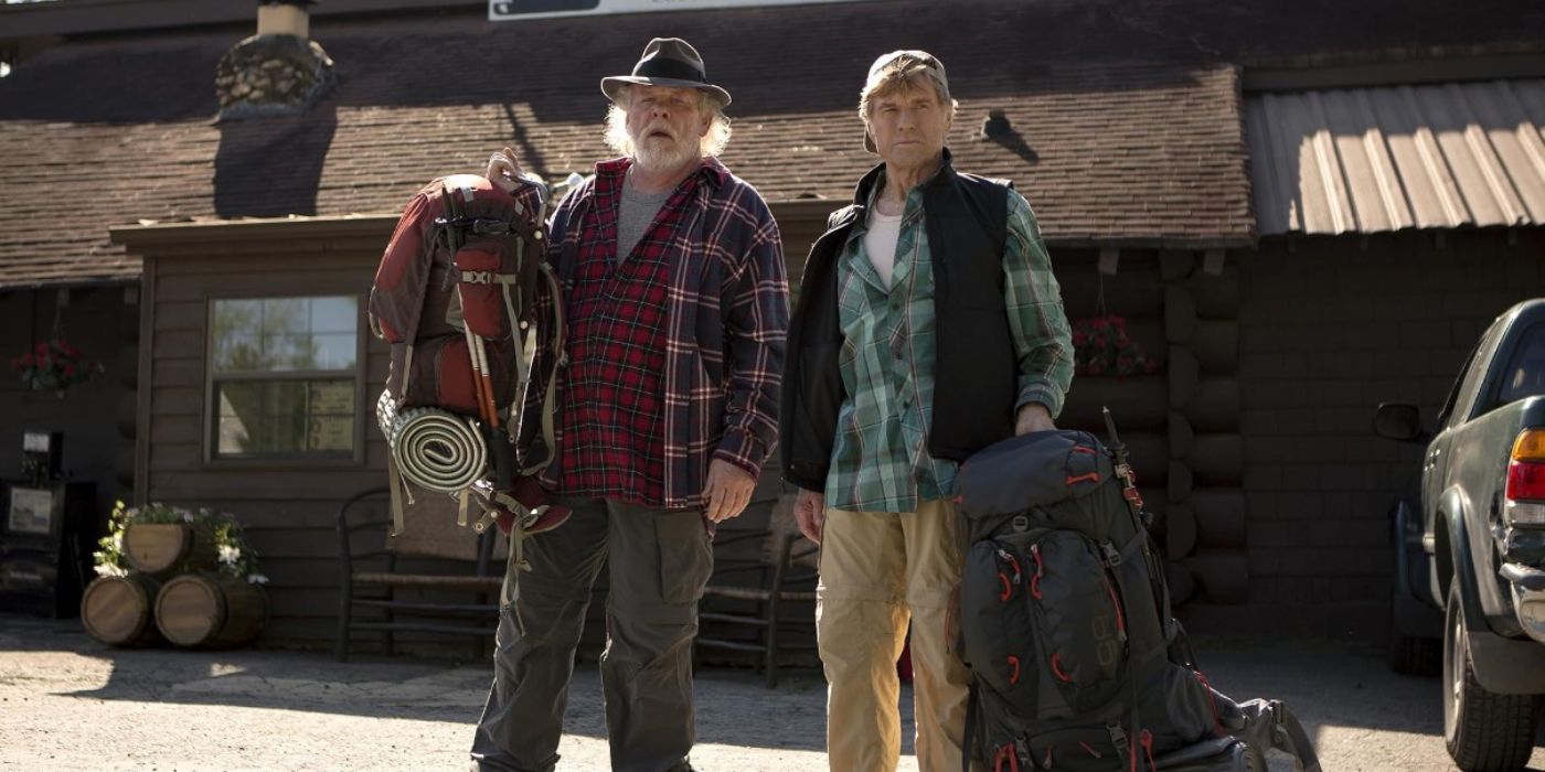 Robert Redford as Bill Bryson and Nick Nolte as Stephen Katz in A Walk in the Woods After a Break