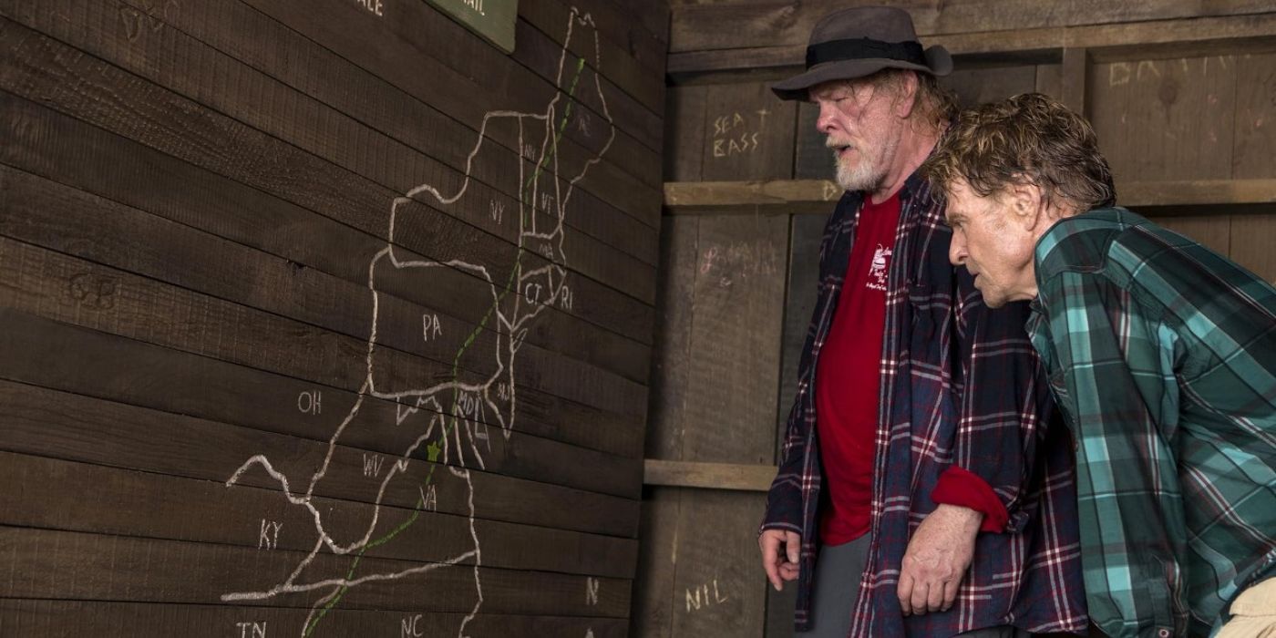 Robert Redford as Bill Bryson and Nick Nolte as Stephen Katz in A Walk in the Woods Looking at a Map