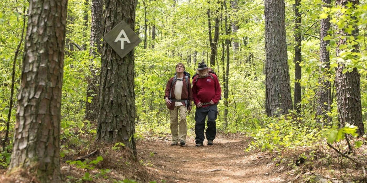 Robert Redford as Bill Bryson and Nick Nolte as Stephen Katz in A Walk in the Woods Walking the Trail