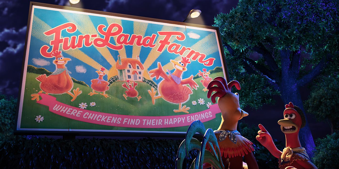 Rocky and Ginger with Fun-Land Farms sign in Chicken Run Dawn of the Nugget