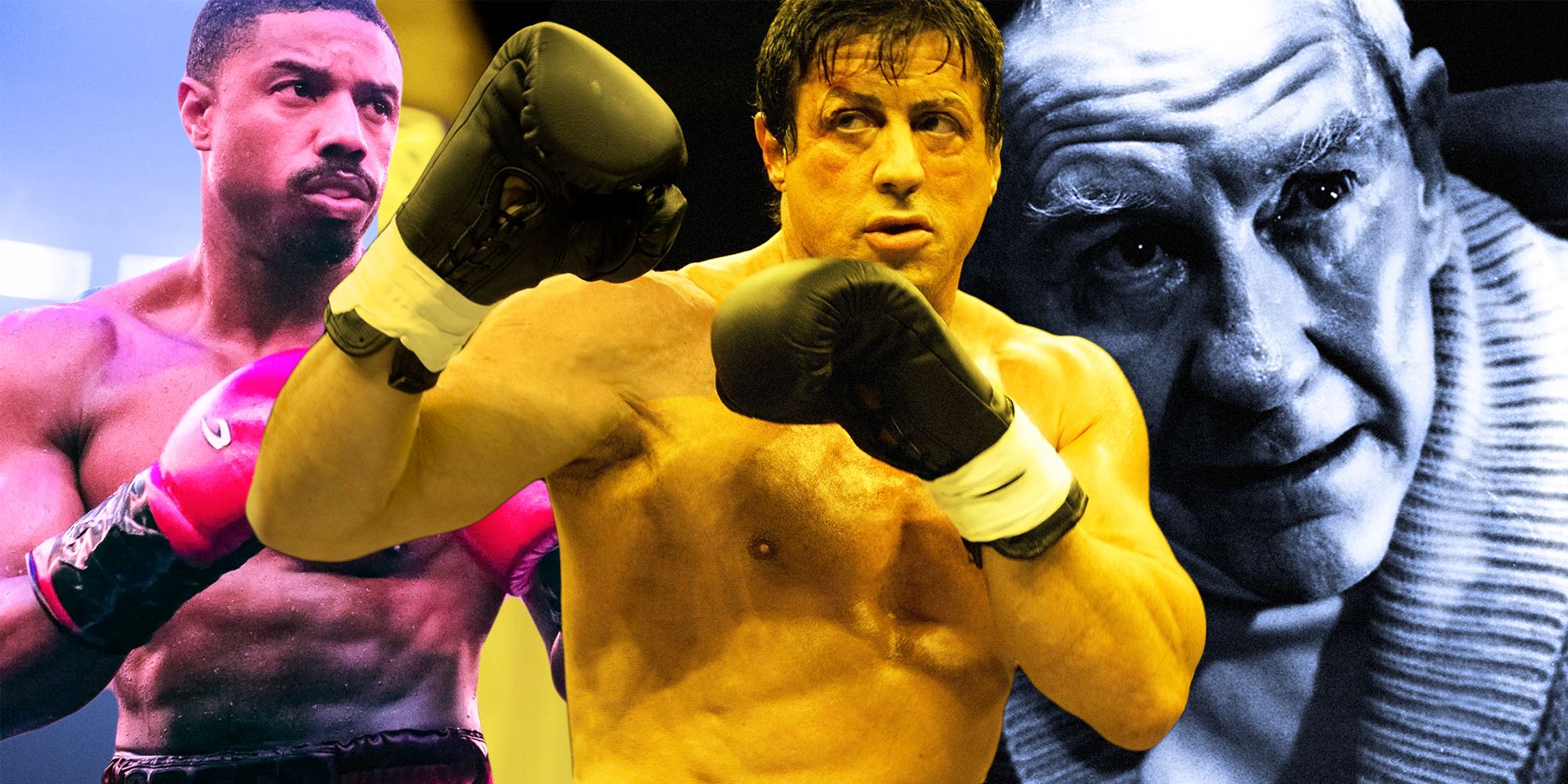Collage of Michael B Jordan as Adonis in Creed 3, Sylvester Stallone as Rocky in Rocky Balboa, and Burgess Meredith as Mickey in Rocky