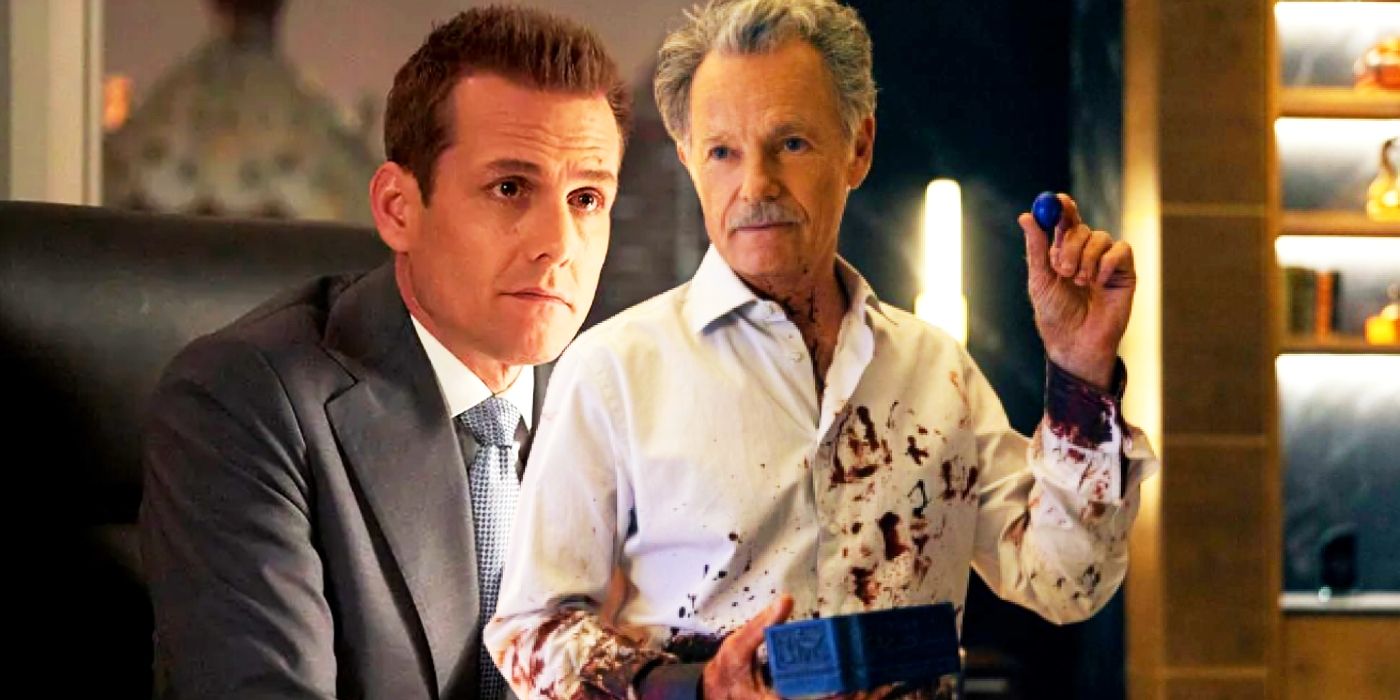 Custom image of Bruce Greenwood, as Roderick Usher, with blood on his shirt and holding up a blue egg in The Fall of the House of Usher juxtaposed with Gabriel Macht, as Harvey in Suits, looking ahead.