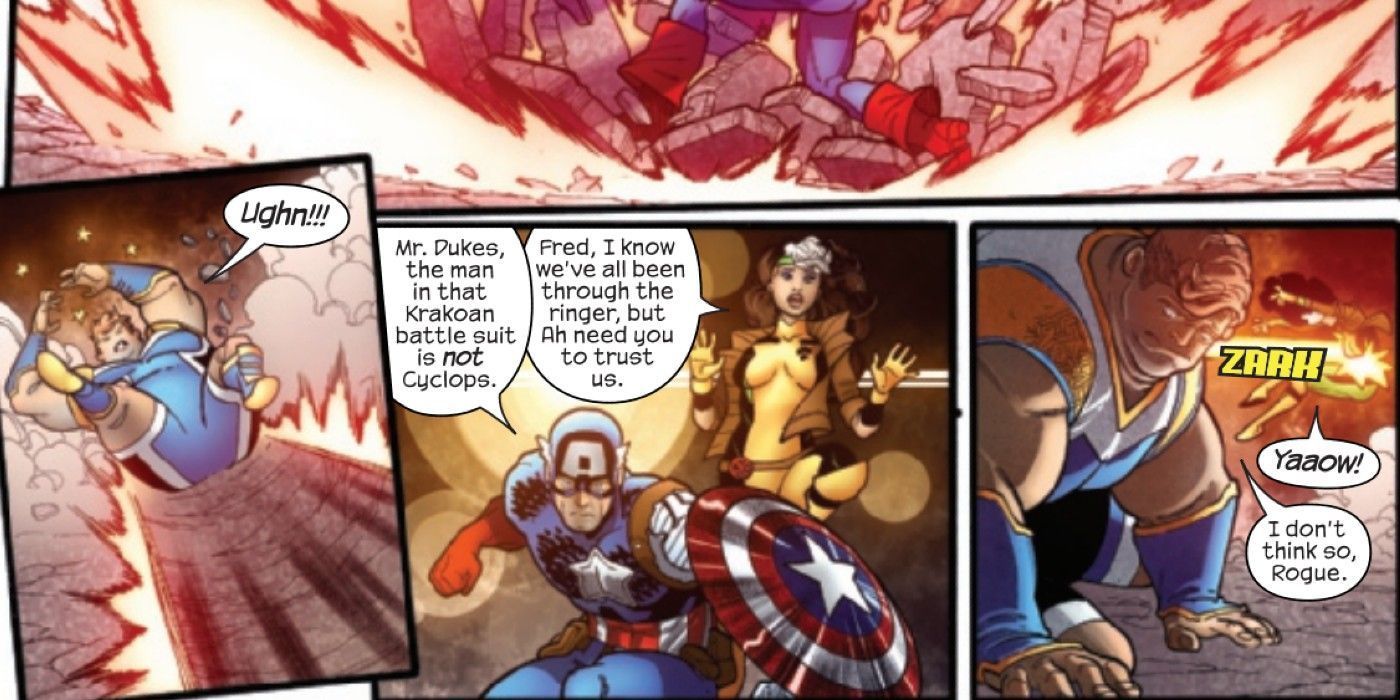 panels from Uncanny Avengers #4, Rogue and Captain America convince The Blob to join The Avengers
