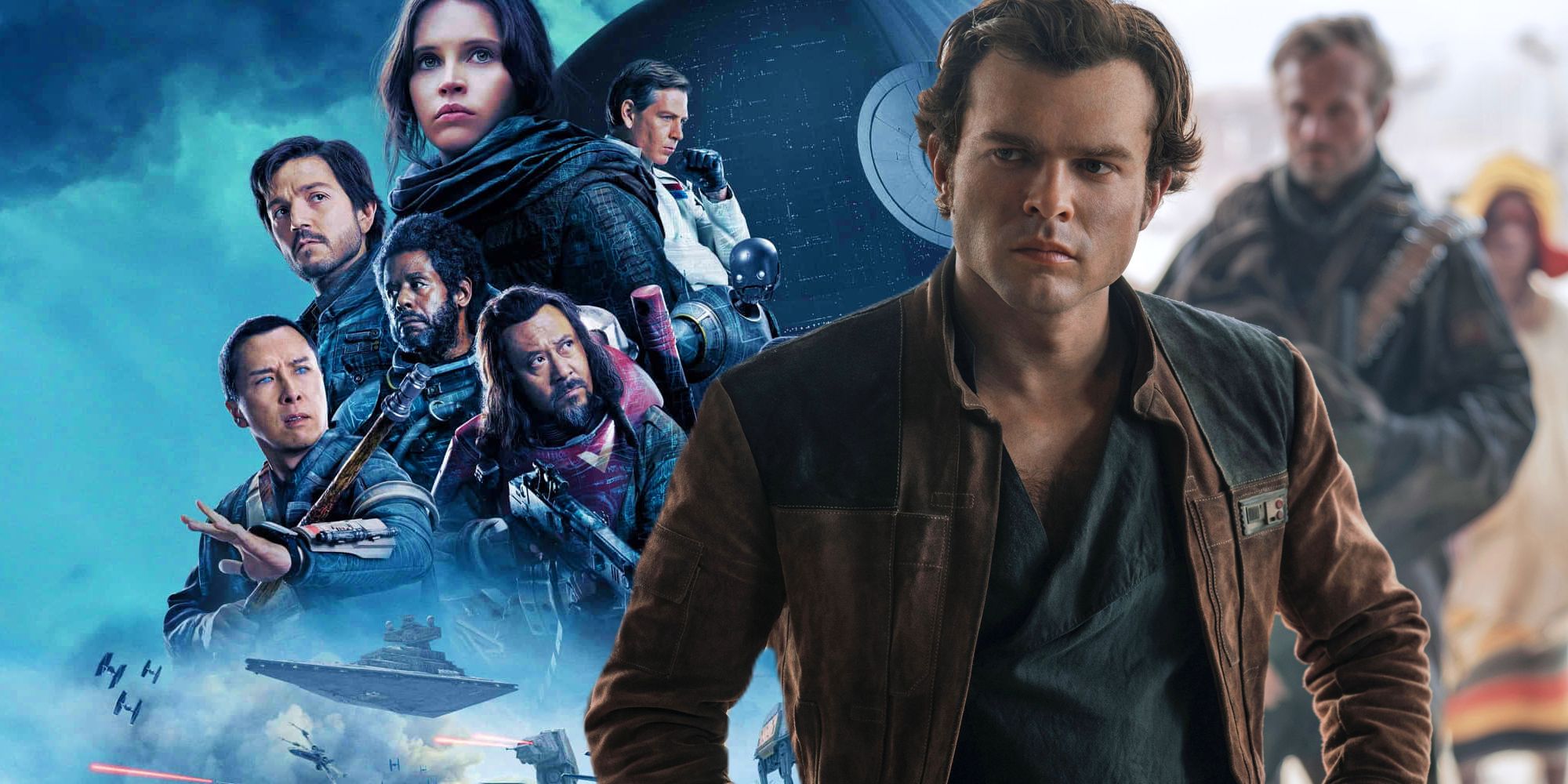 The poster for Rogue One: A Star Wars Story next to Alden Ehrenreich crossing his arms as Han Solo