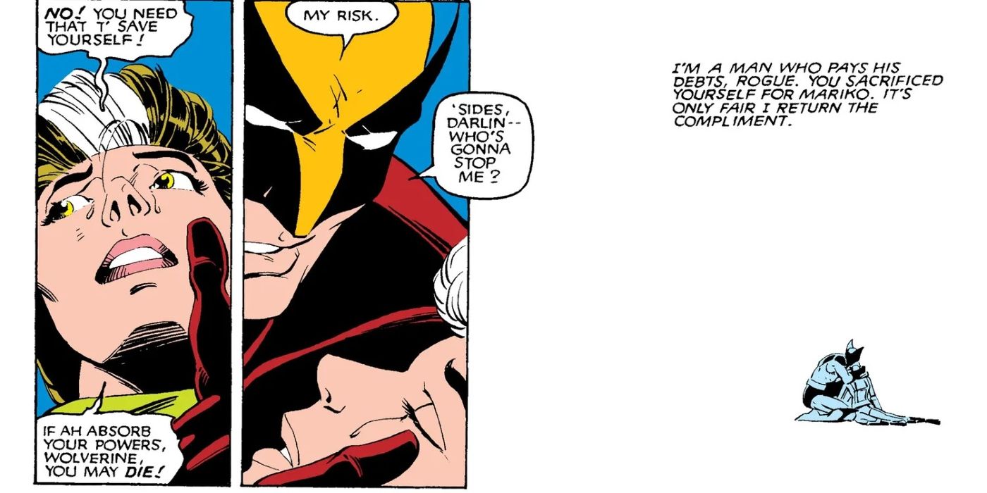 comic panels featuring Wolverine giving Rogue his healing factor