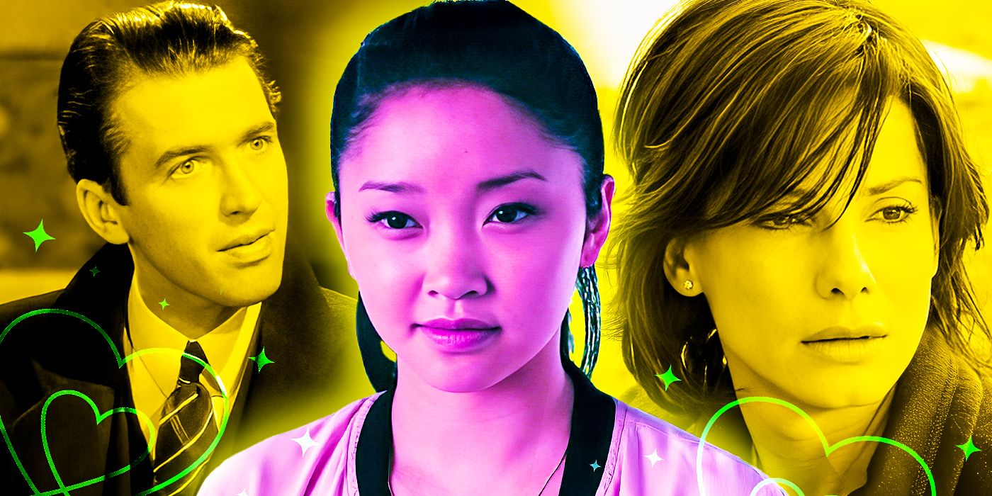 Collage of Jimmy Stewart in The Shop Around the Corner, Lana Condor in To All the Boys I&rsquo;ve Loved Before, and Sandra Bullock in The Lake House