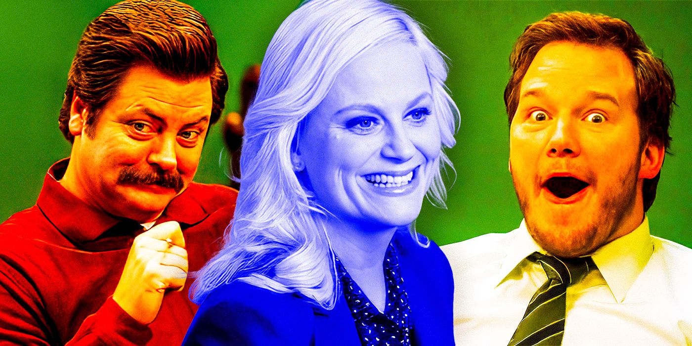 Ron Swanson smiling Leslie Knope happy Andy Dwyer surprised