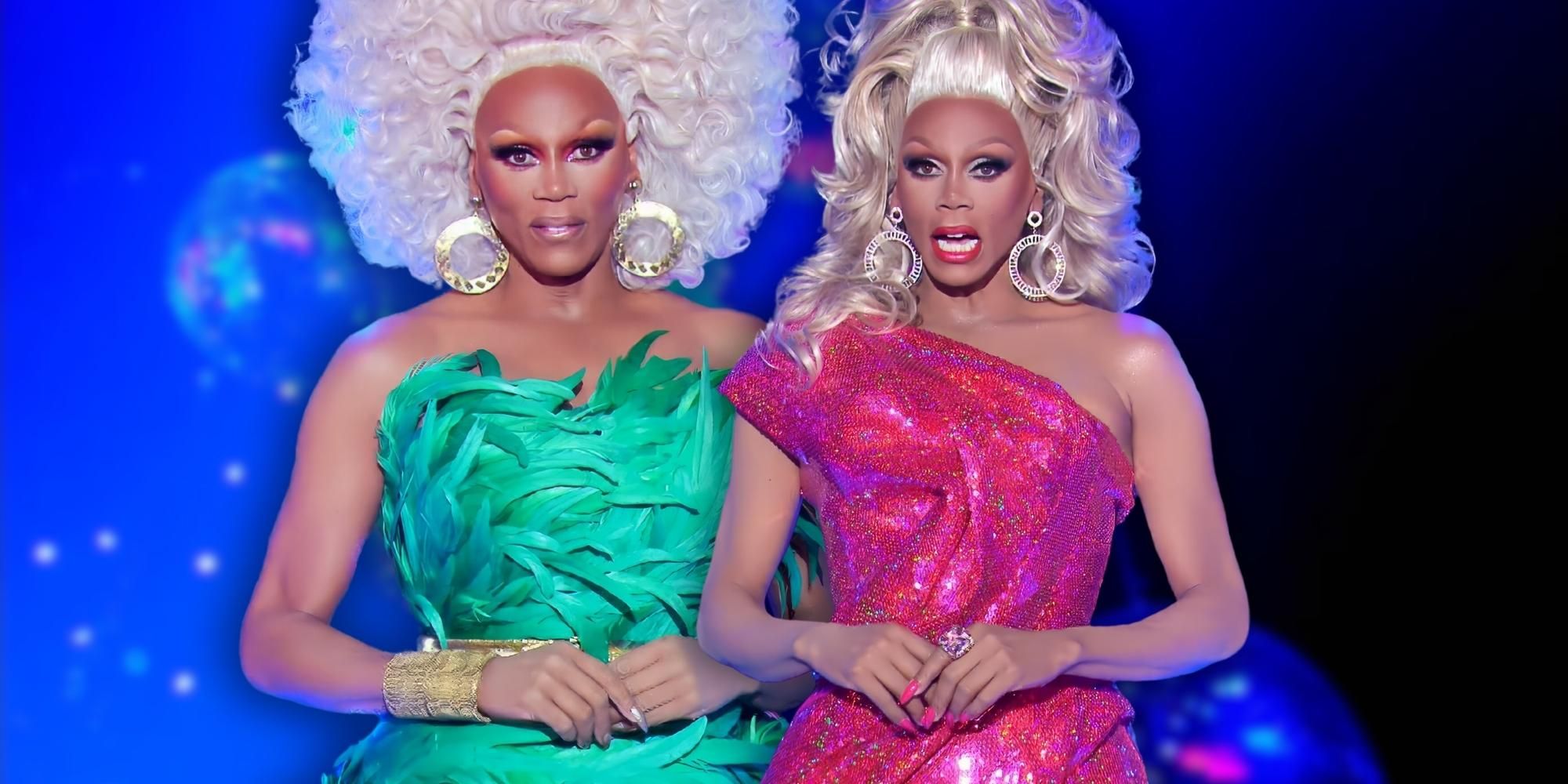 RuPaul hosting Rupaul's drag race in two different outfits, first one is green and second one is sparkly pink