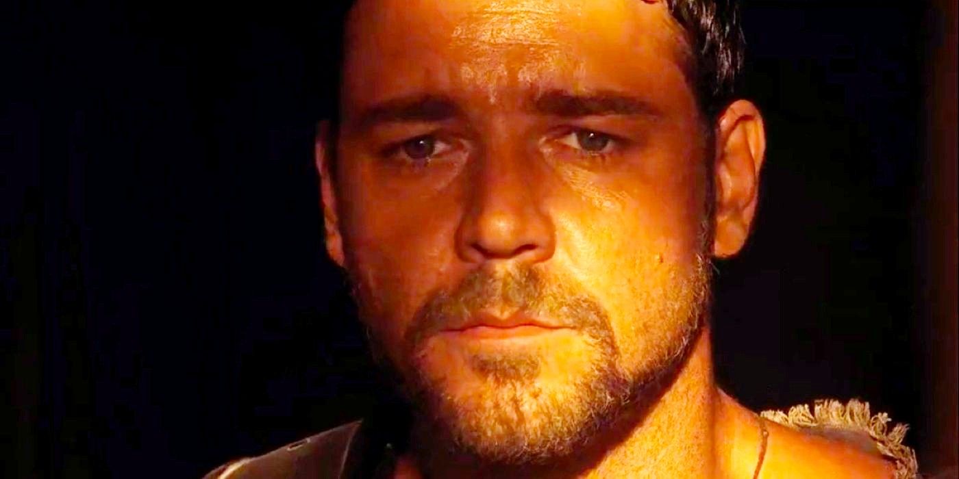 Russell Crowe as Maximus looking serious in Gladiator