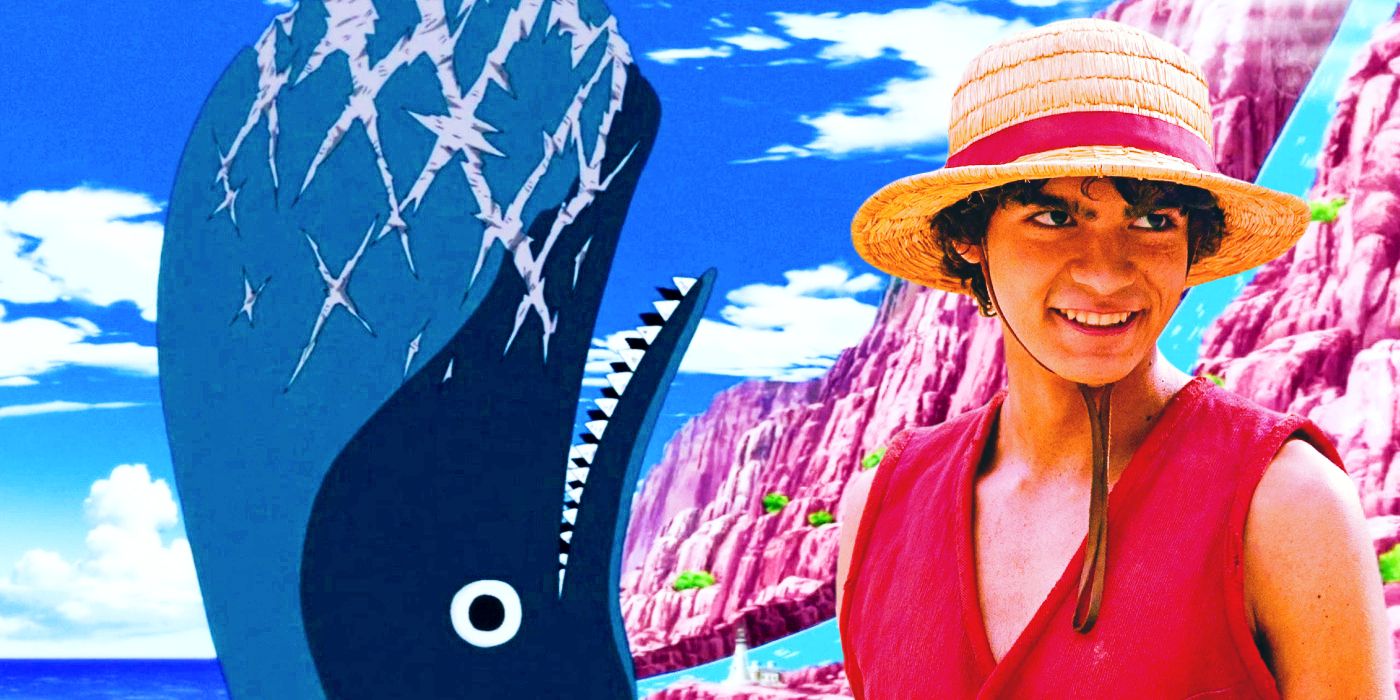 Luffy from Netflix's One Piece in front of Laboon the Whale and Reverse Mountain from the One Piece Anime