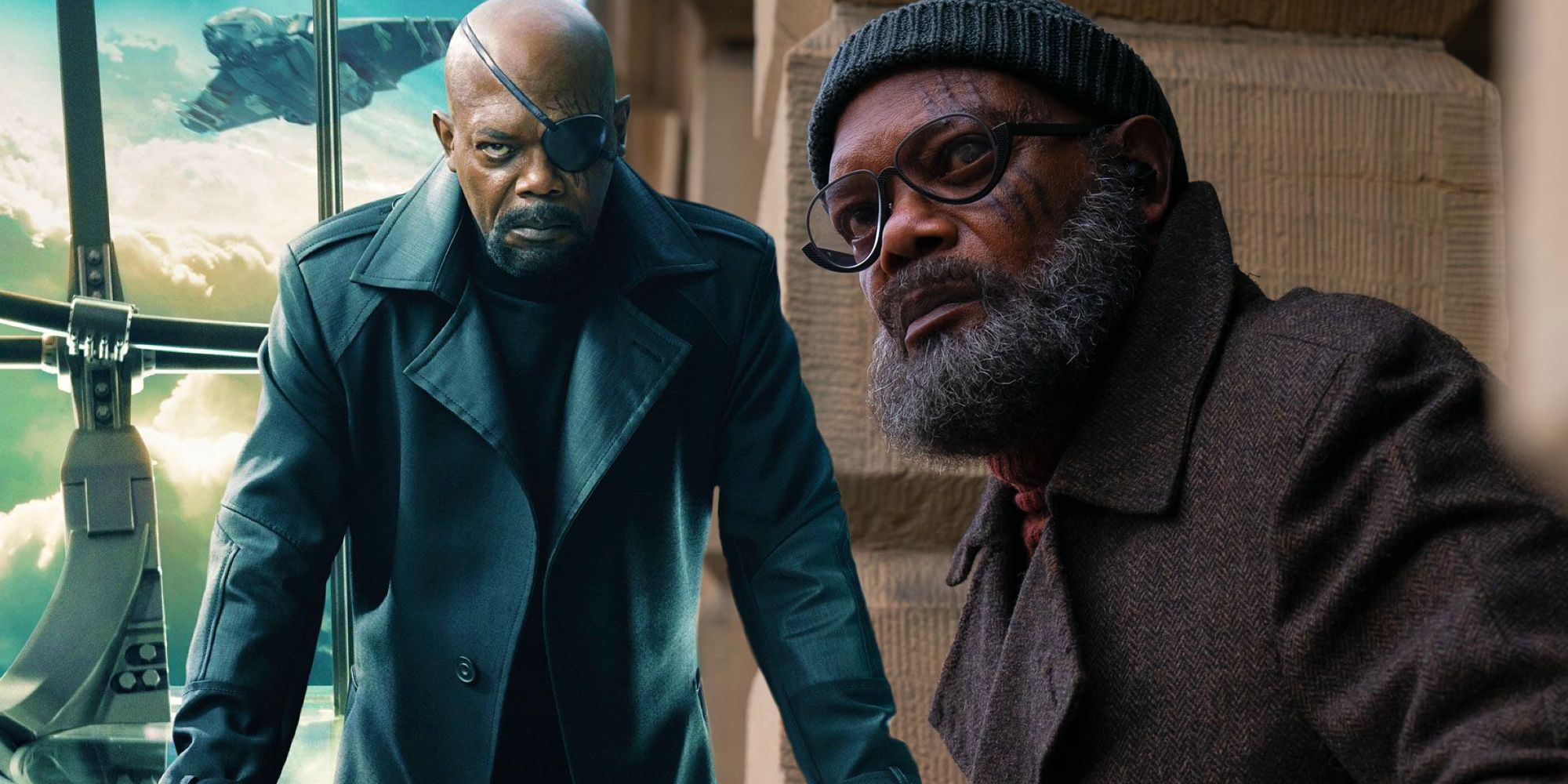 Samuel L Jackson as Nick Fury in The Avengers next to Fury from Secret Invasion