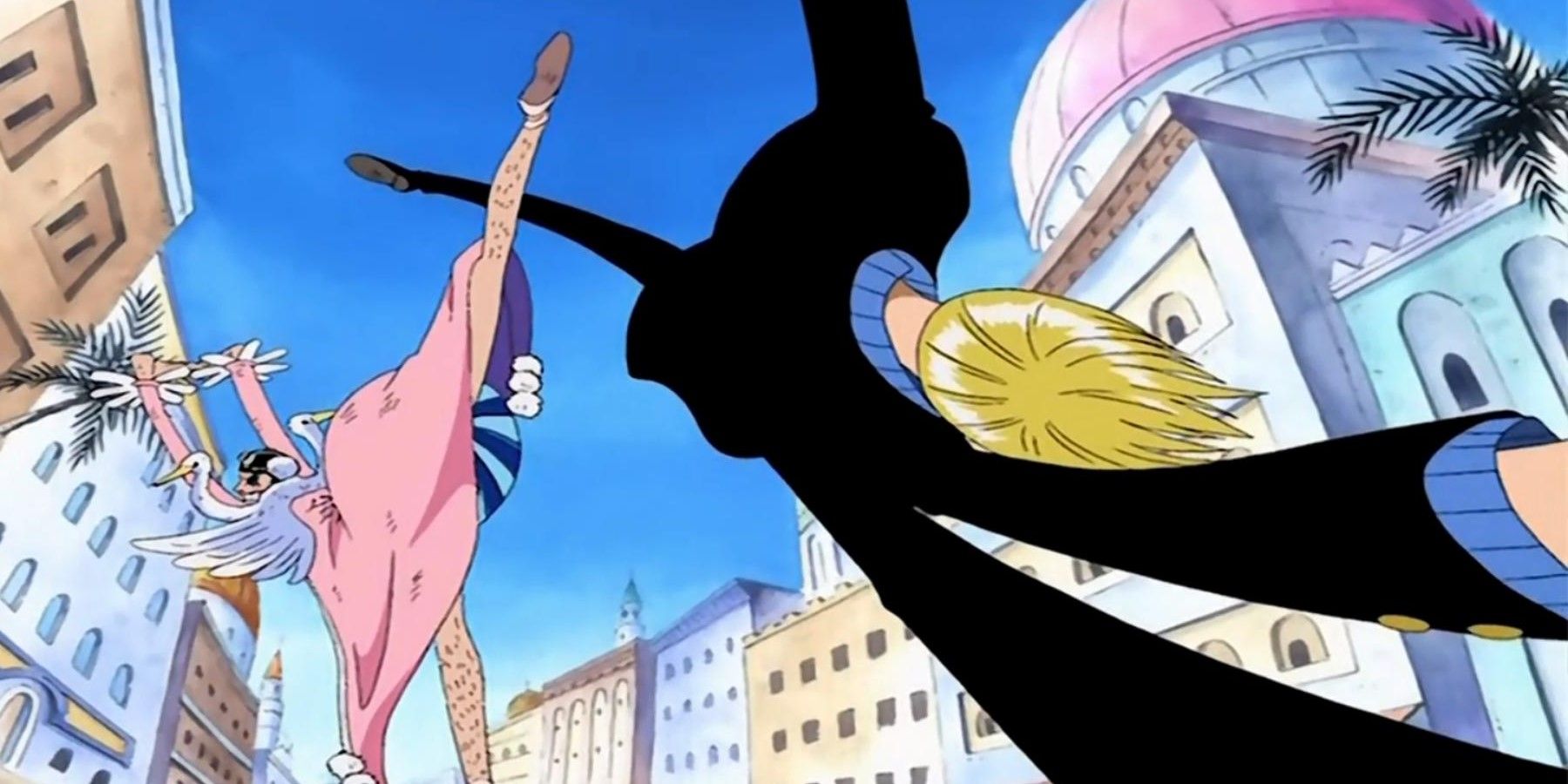 Sanji and Mr. 2 fighting in the street and doing flips in One Piece
