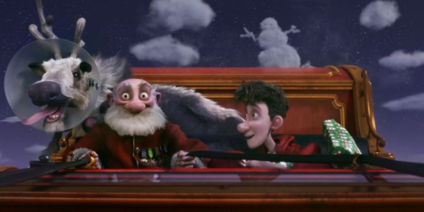 Santa and Arthur riding in a sleigh in Arthur Christmas