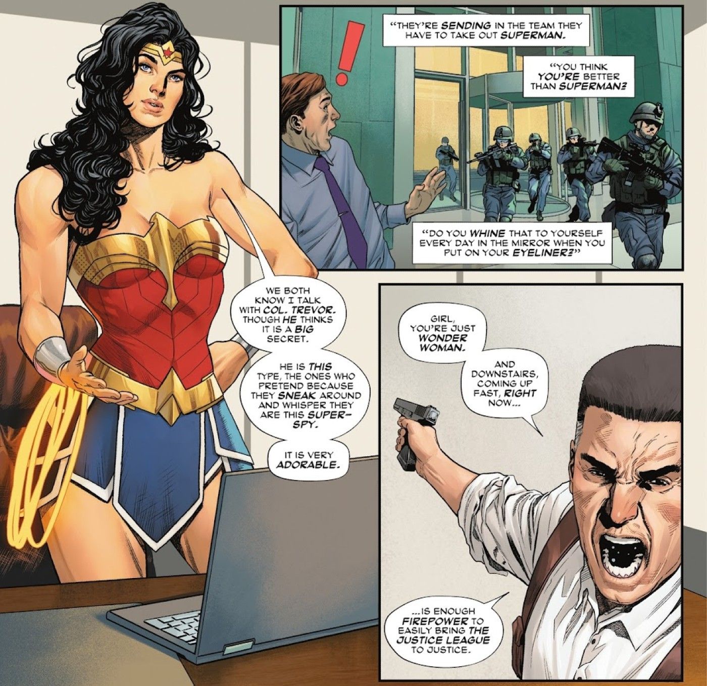 Paneles de cómics.  Wonder Woman está parada en un escritorio con una computadora mientras un hombre con una pistola habla sobre el despliegue de fuerzas militares anti-Superman.