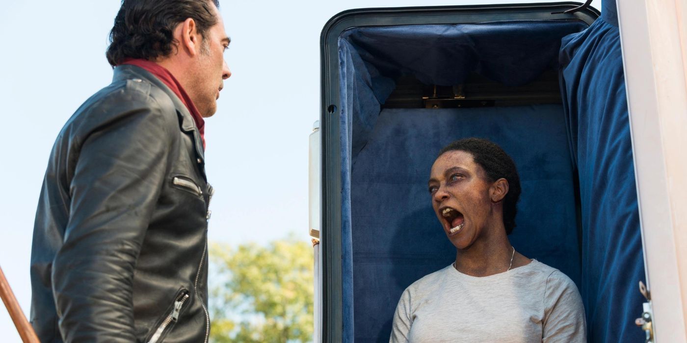 Sasha Williams as a walker in the coffin growling at Negan in The Walking Dead