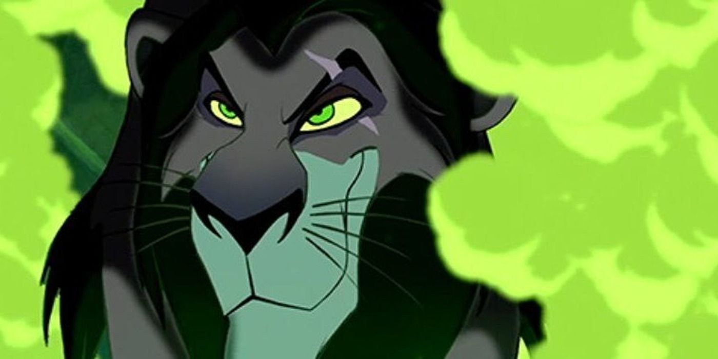 Scar from the Lion King surrounded by green flames