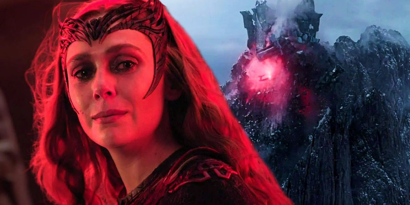 Custom image of the Scarlet Witch in a red tone as she cries in Doctor Strange in the Multiverse of Madness and Mount Wundagore exploding with red energy.