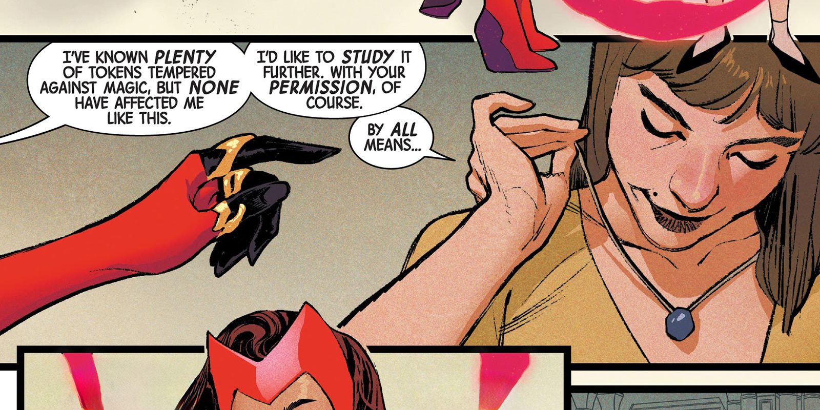 Scarlet Witch asking for permission to study mysterium necklace, from Scarlet Witch #1