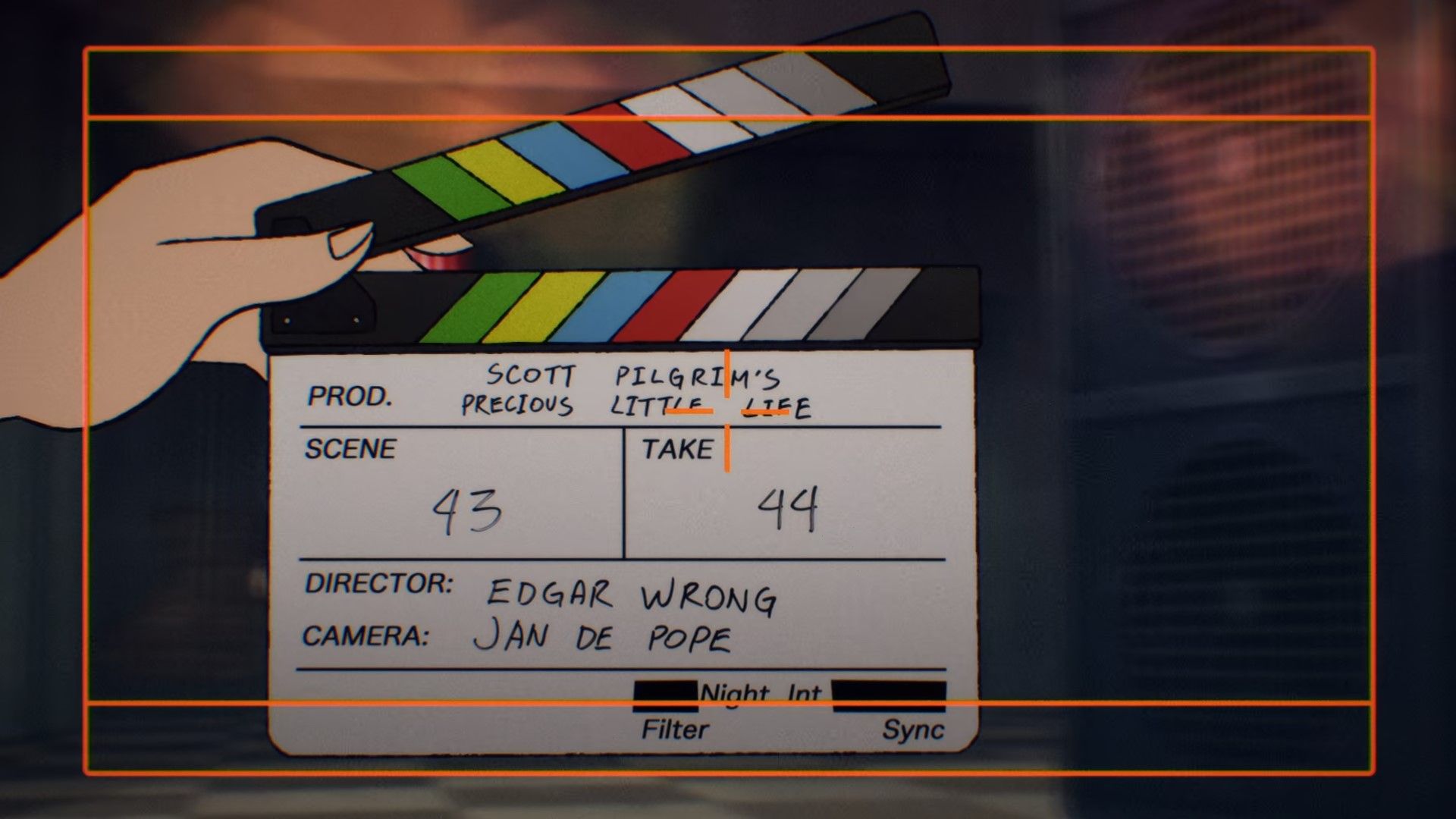 Screenshot from Scott Pilgrim Takes Off episode 5 shows a movie slate with director Edgar Wrong and Camera operator as Jan De Pope.