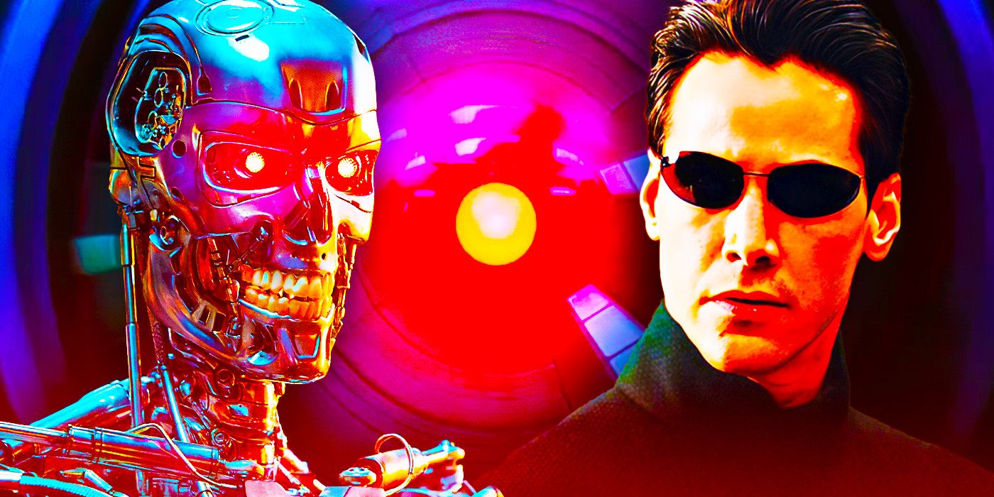 A collage featuring Terminator, the AI from 2001: A Spade Odyssey, and Neo from The Matrix