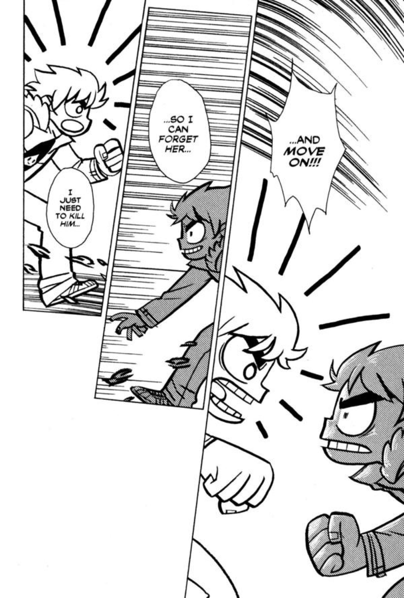 Scott Pilgrim Fights Nega-Scott (black and white comic image)