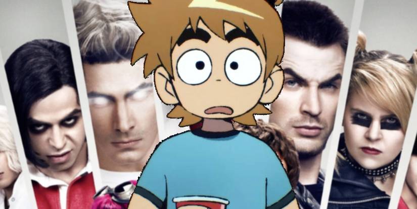 Blended image of a cartoon Scott Pilgrim overtop of Ramona's live-action evil exes