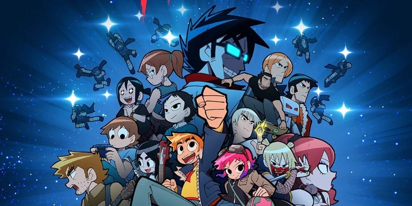 Scott Pilgrim Takes Off key visual featuring Scott, Ramona, Wallace, and the League of Evil Exes