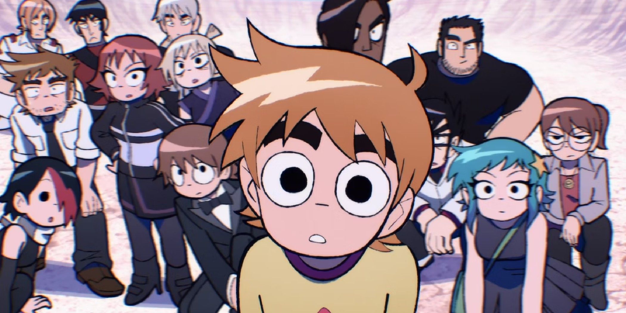 Scott Pilgrim Takes Off characters and League Of Evil Exes looking into the camera with a confused look
