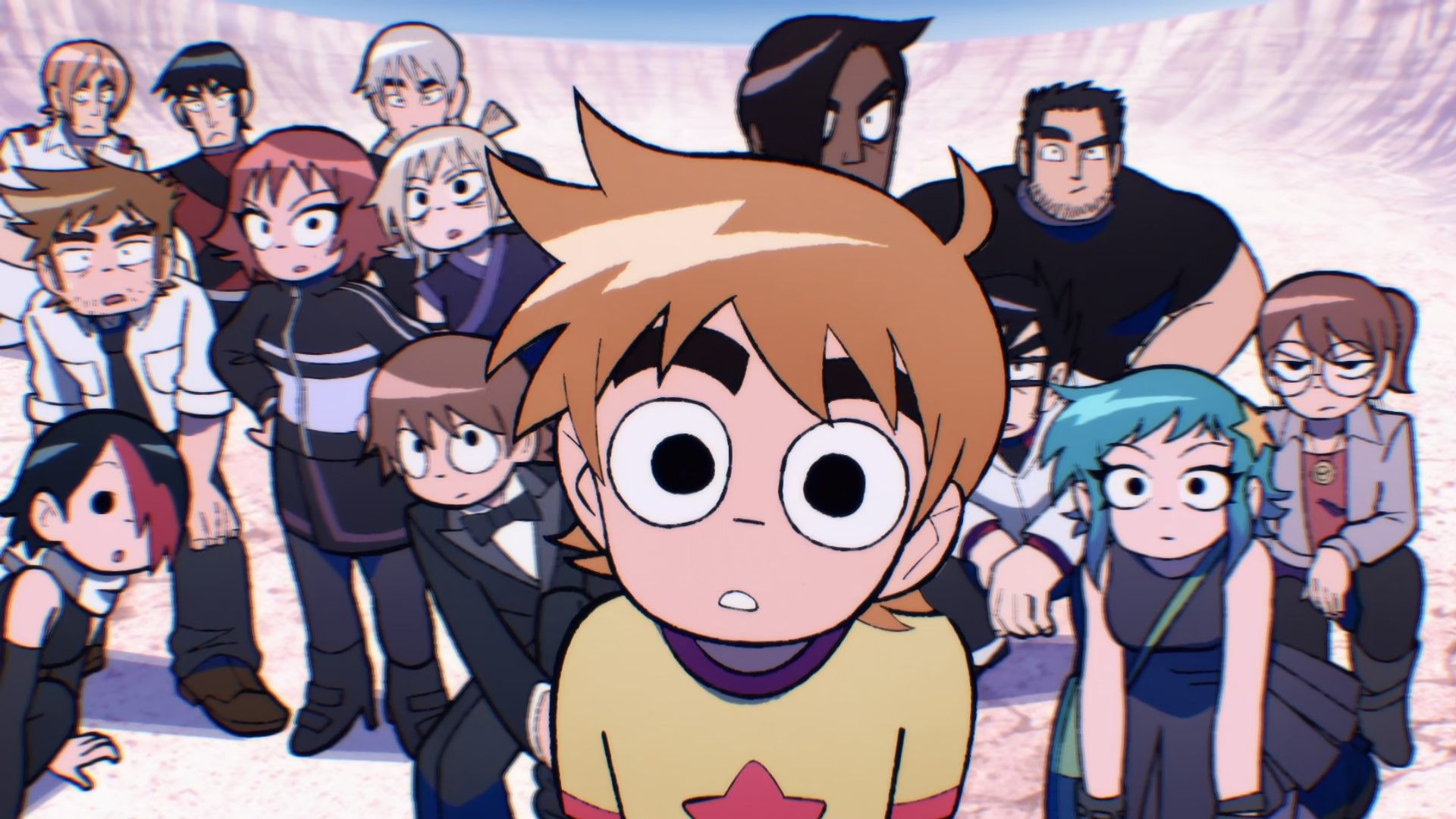 Screenshot from Scott Pilgrim Takes Off anime shows a confused looking Scott looking into frame with his friends and the League of Evil Exes behind him.