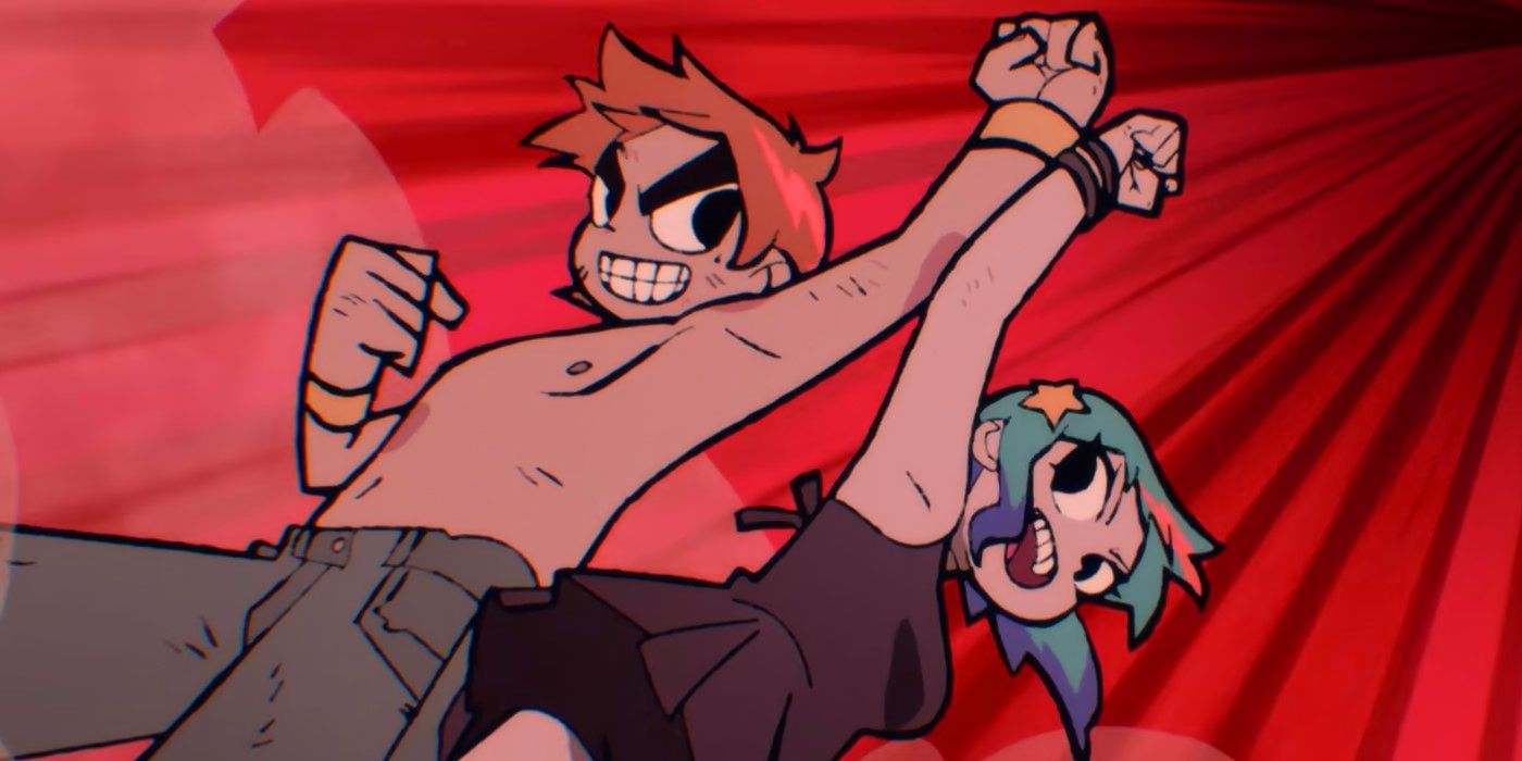 Screenshot from Scott Pilgrim Takes Off shows a shirtless Scott and Ramona fighting together with their fist's raised into the air and a red background.